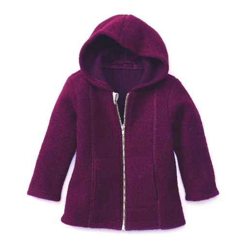 Walkjacke mit Kapuze aus Bio-Schurwolle mit Bio-Baumwolle,  brombeere 110/116