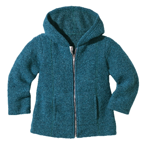 Walkjacke mit Kapuze aus Bio-Schurwolle mit Bio-Baumwolle,  petrol 134/140
